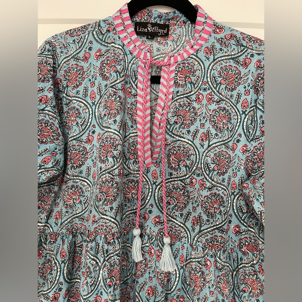 Liza Byrd Morley Embroidered Trim Dress Turquoise Pink Ruffle, Size L